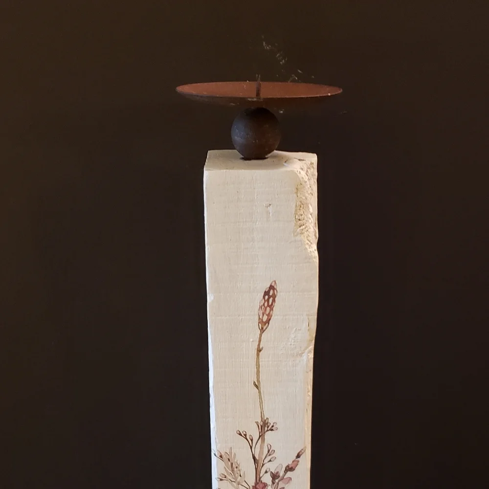 Upcycled Wood Candle Holder Farmhouse Bees Flowers Rustic